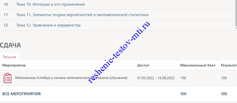 Математика: Алгебра и начала математического анализа тест МТИ